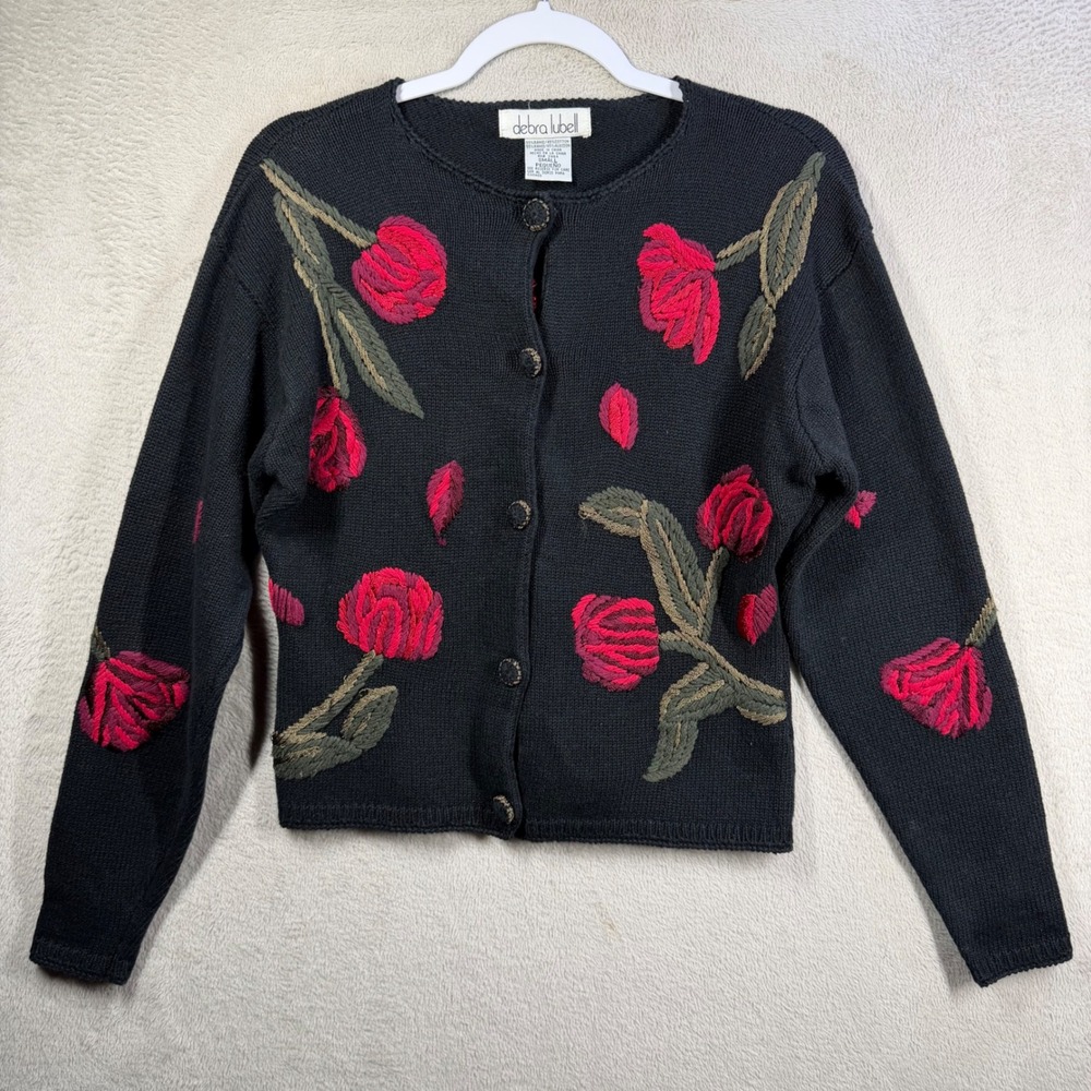 Debra Lubell Cardigan Women S Black Vintage Embroidered Tulip Holiday Sweater
